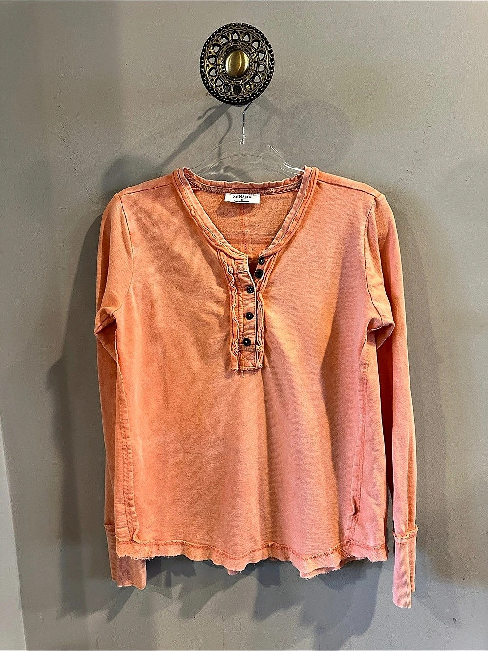 ZENANA Long Sleeve Henley Cotton Top in Orange Size Medium